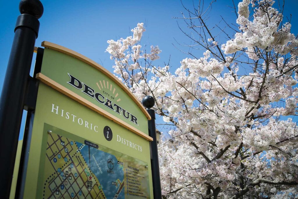 Decatur sign and blooming tree